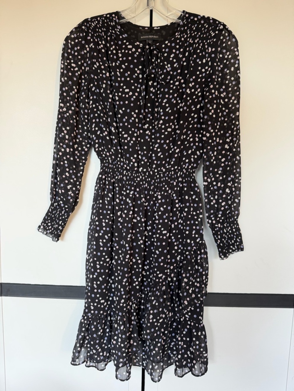 Banana Republic Navy Polka Dot Long Sleeve Dress - 00 Petite